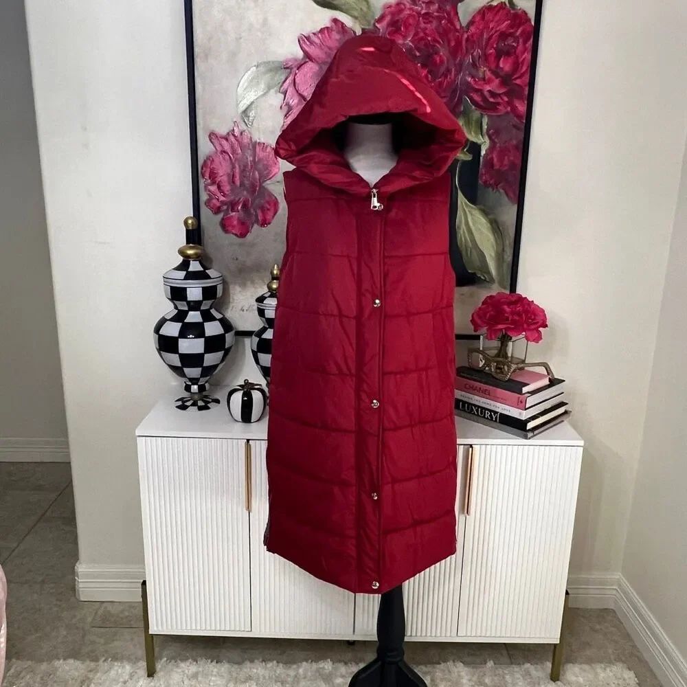 Women's Hooded Sleeveless Quilted Long Down Full Zip Puffer Vest Burgundy Small